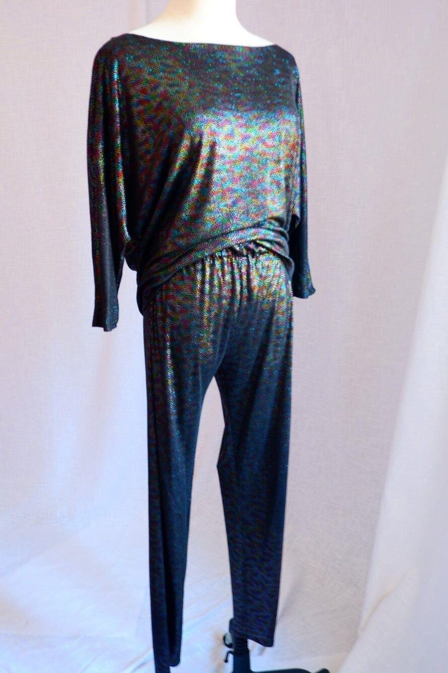 1980s Tony Alamo Iridescent Black Top & Pants Set – Size S
